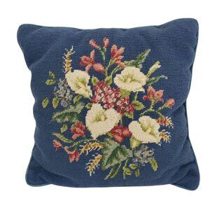 Vintage Floral Needlepoint Petit Point Tapestry Pillow Blue Corduroy 14"x14"